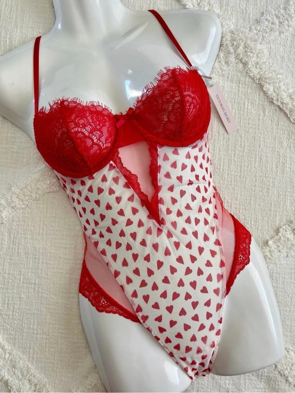 Victoria's Secret Red & White Heart Mesh Lace Teddy